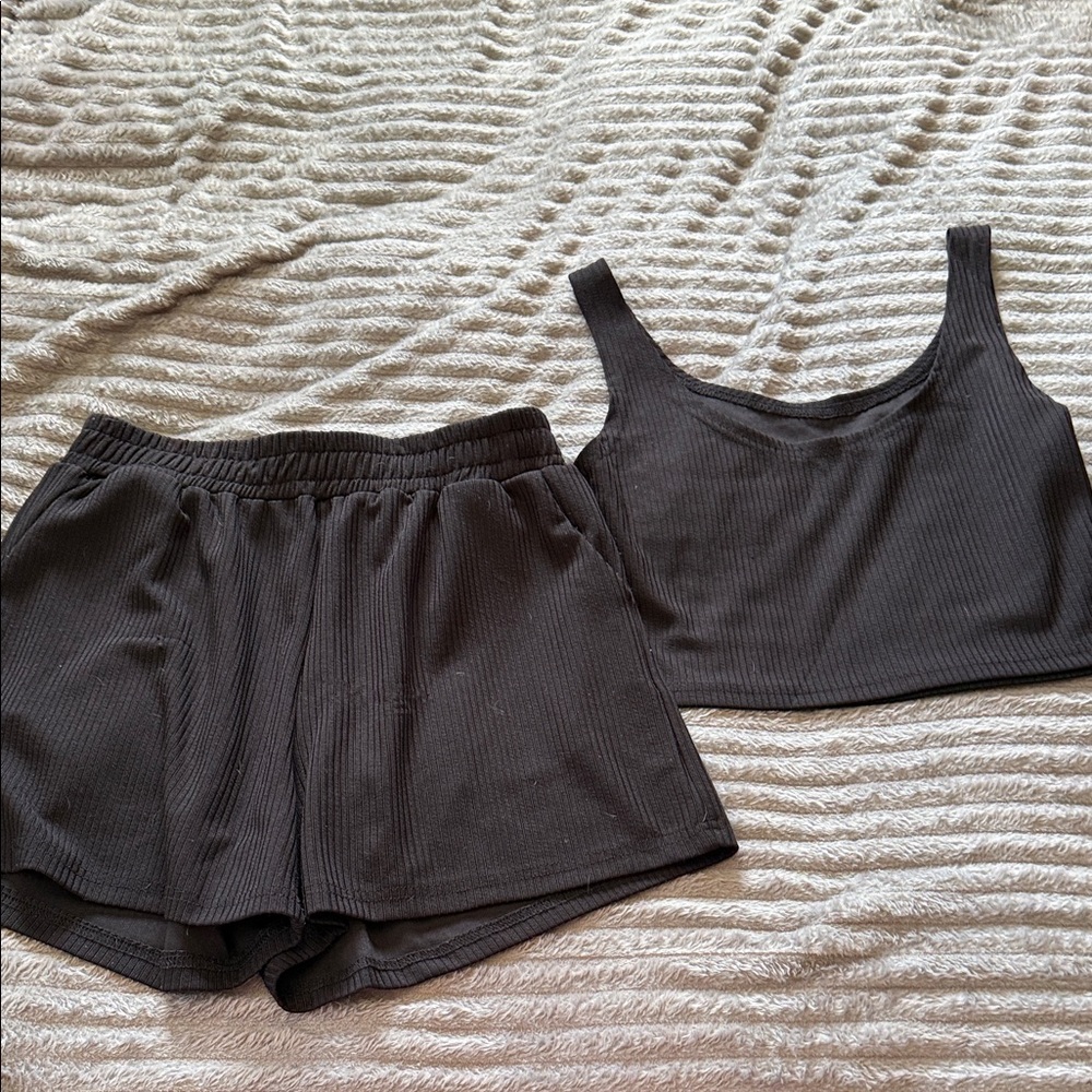 Black Ribbed Tank and Shorts Set